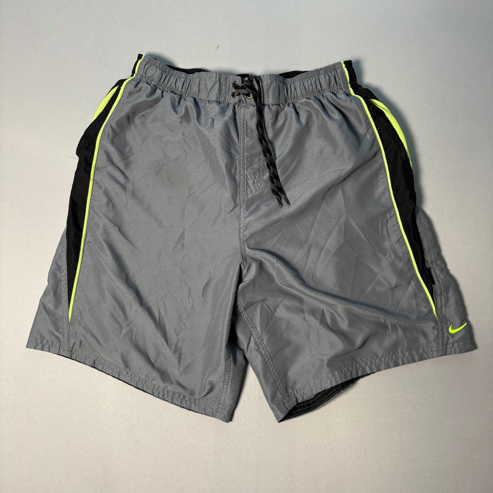 Nike Mens Gray Black Neon Yellow Swim Trunks Mesh Lined Shorts NESS7421 L